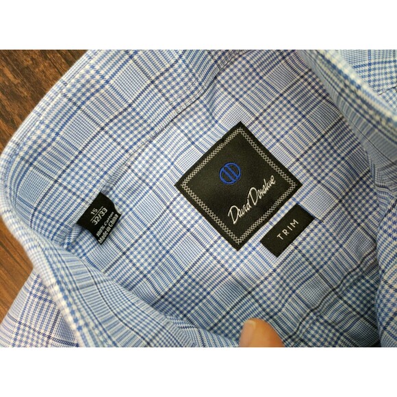 David Donahue Shirt Mens Sz 15 32/33 Long Sleeve Dress Trim Fit Plaid Blue Casua - Picture 2 of 9